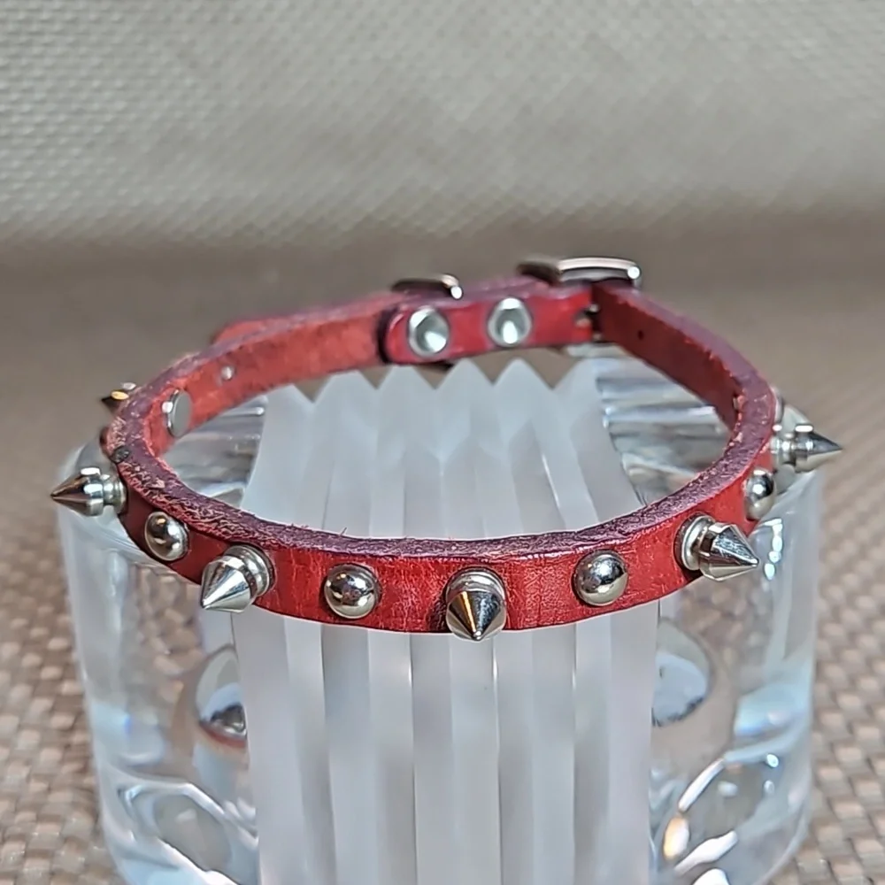 Red leather studded dog collar - size small